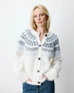 Cardigan en maille jacquard boutonné ivoire Alekio
