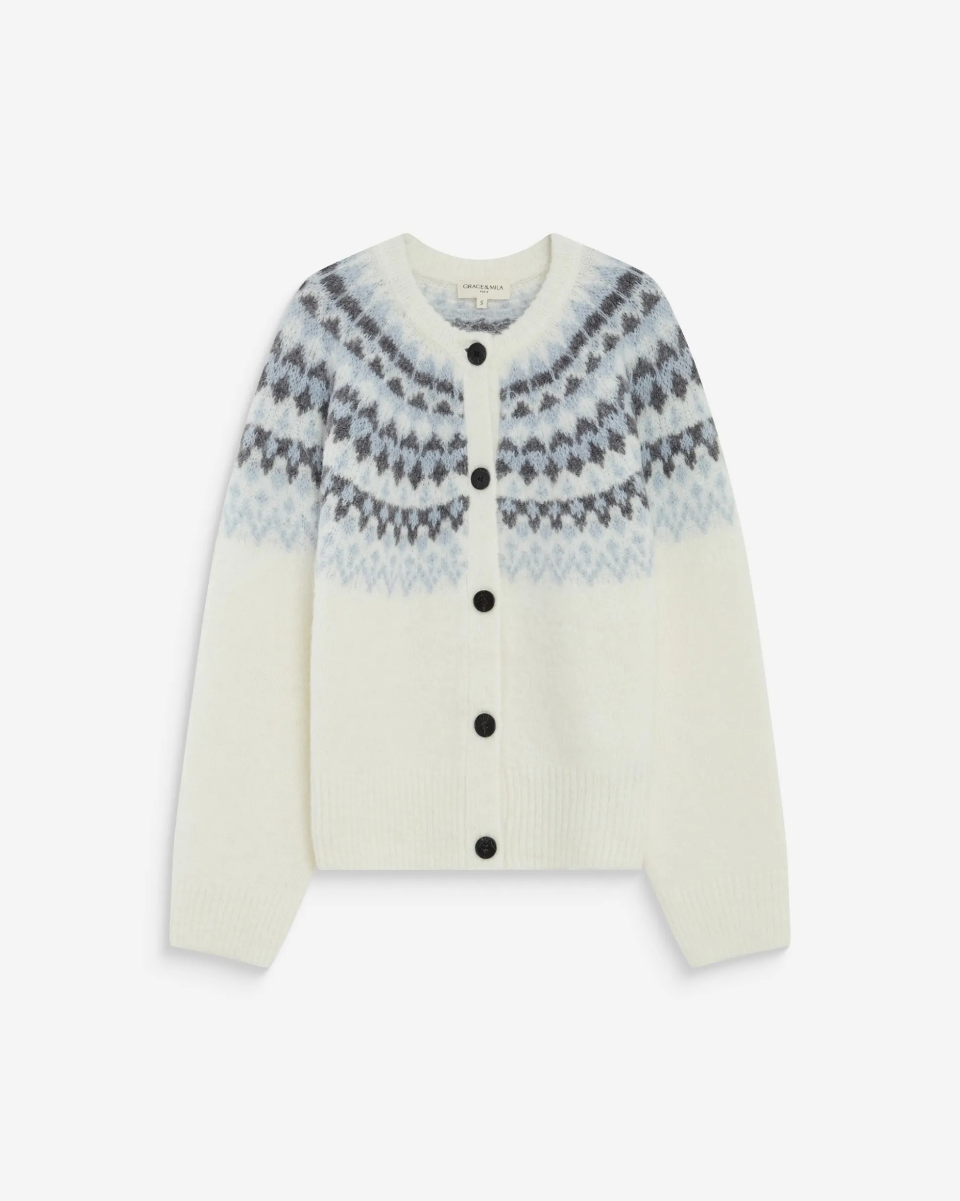 Cardigan en maille jacquard boutonné ivoire Alekio
