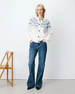 Cardigan en maille jacquard boutonné ivoire Alekio
