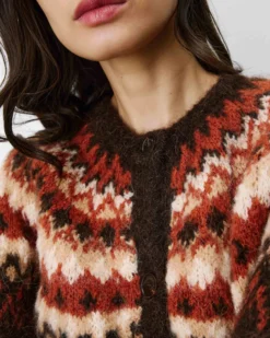Cardigan en maille jacquard boutonné chocolat Alekio