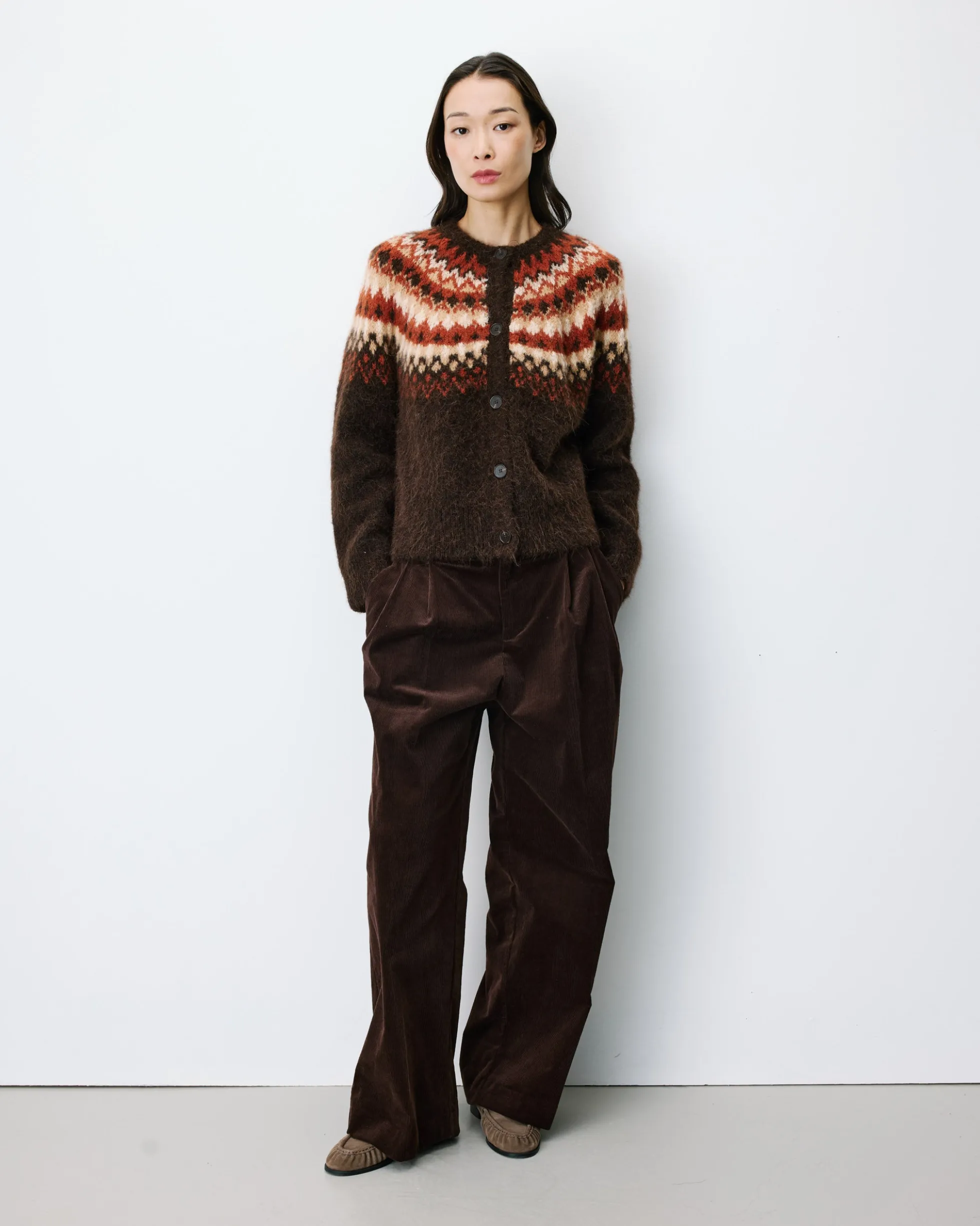 Cardigan en maille jacquard boutonné chocolat Alekio
