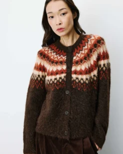 Cardigan en maille jacquard boutonné chocolat Alekio