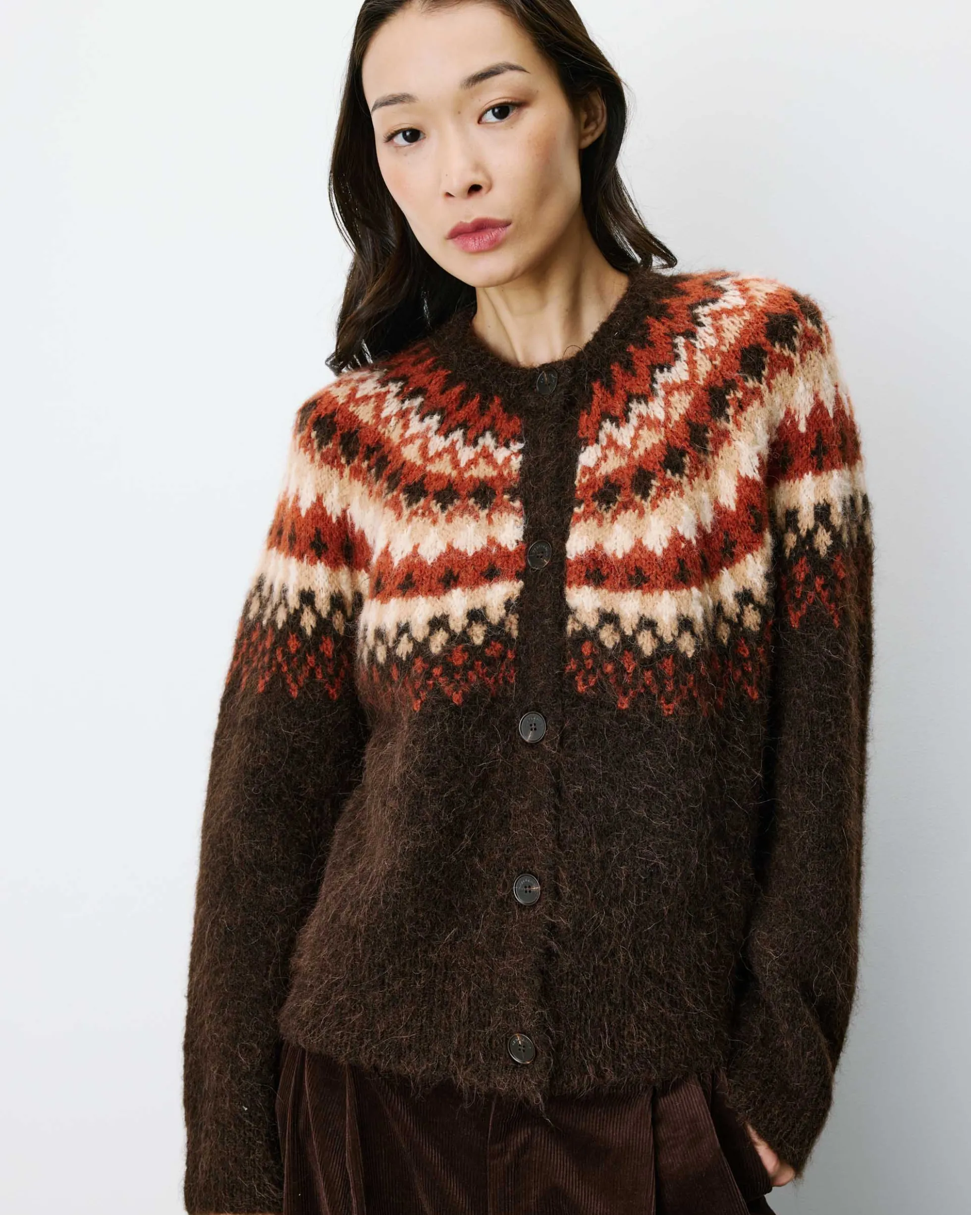 Cardigan en maille jacquard boutonné chocolat Alekio