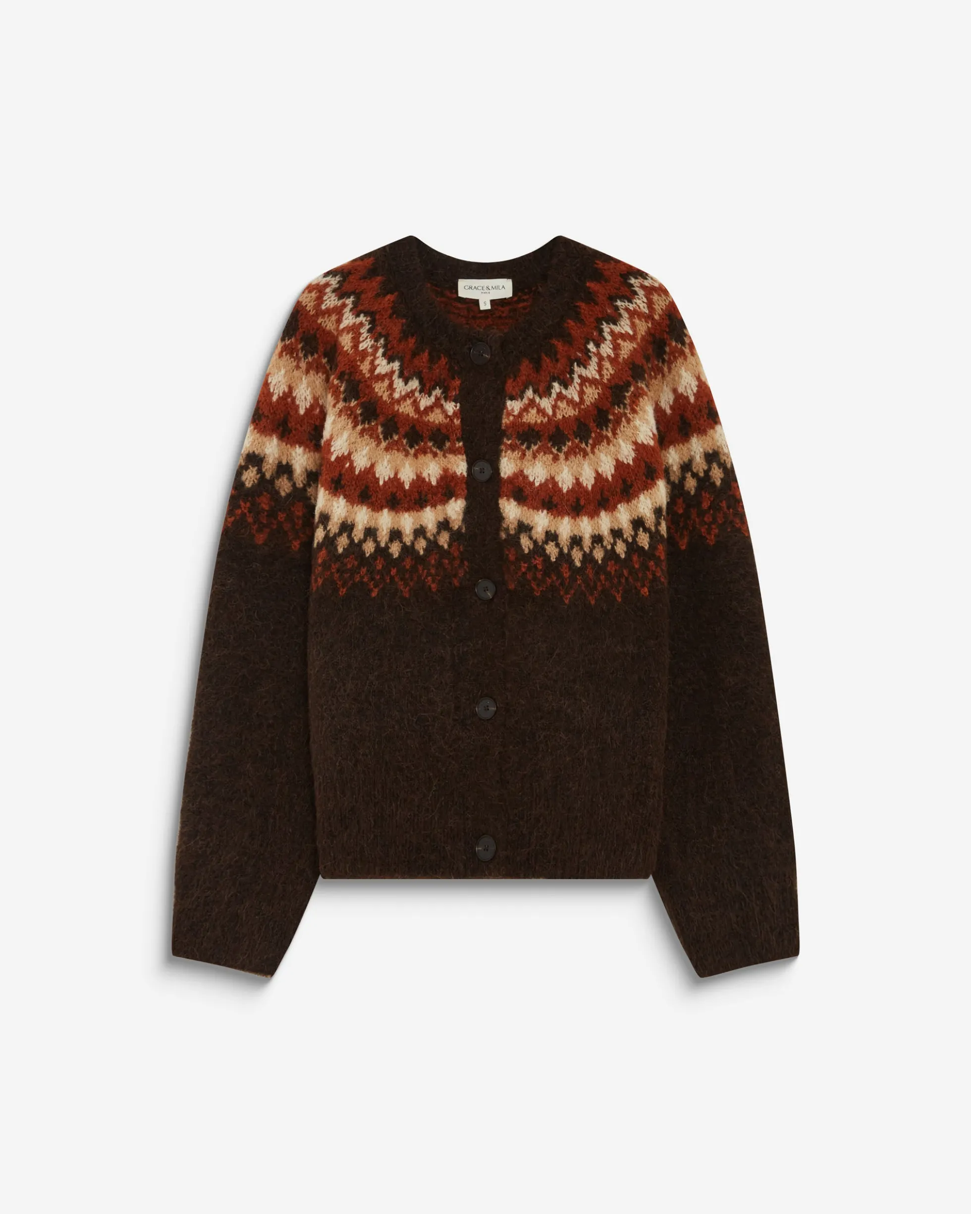 Cardigan en maille jacquard boutonné chocolat Alekio