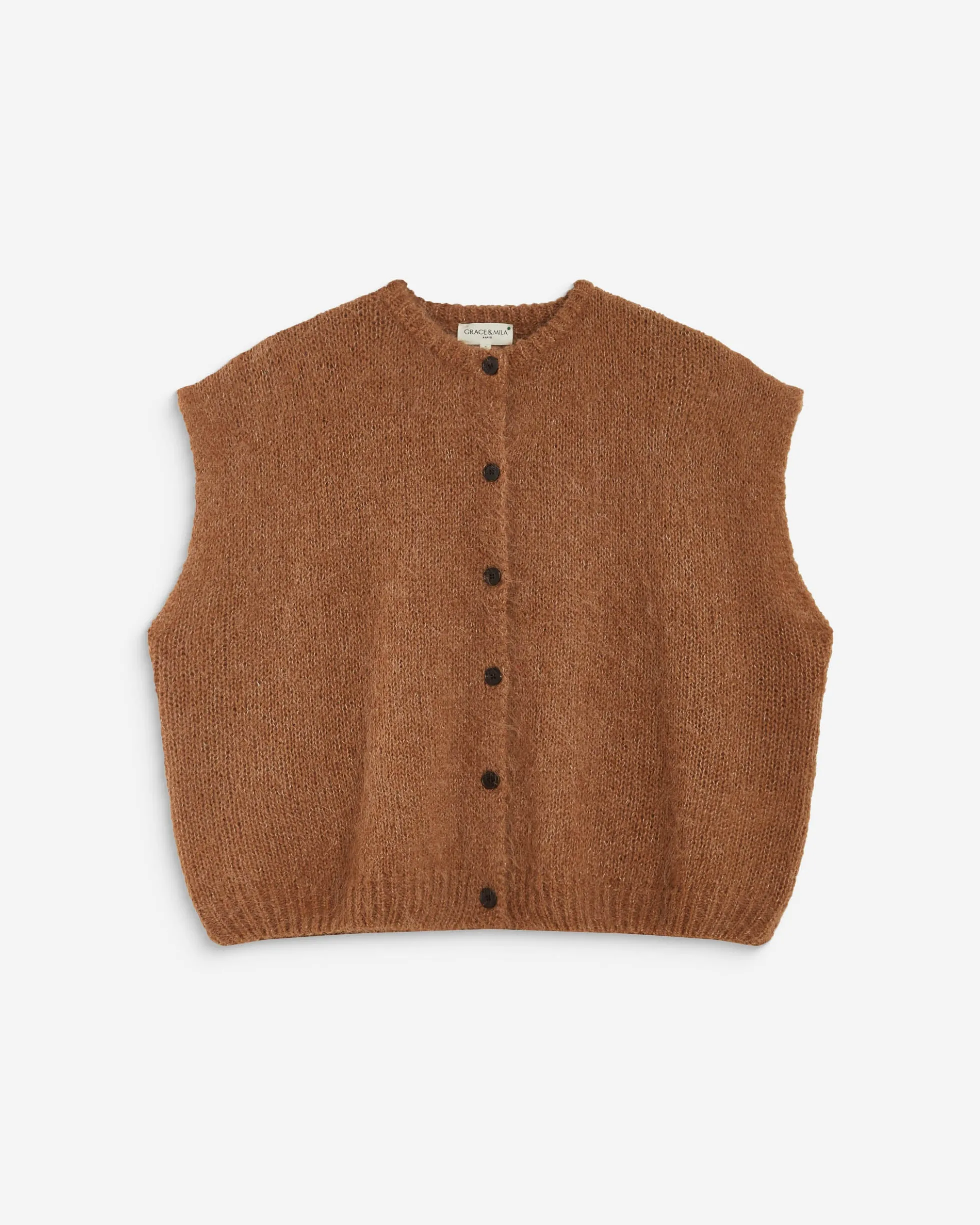 Cardigan loose sans manches col rond camel Addison