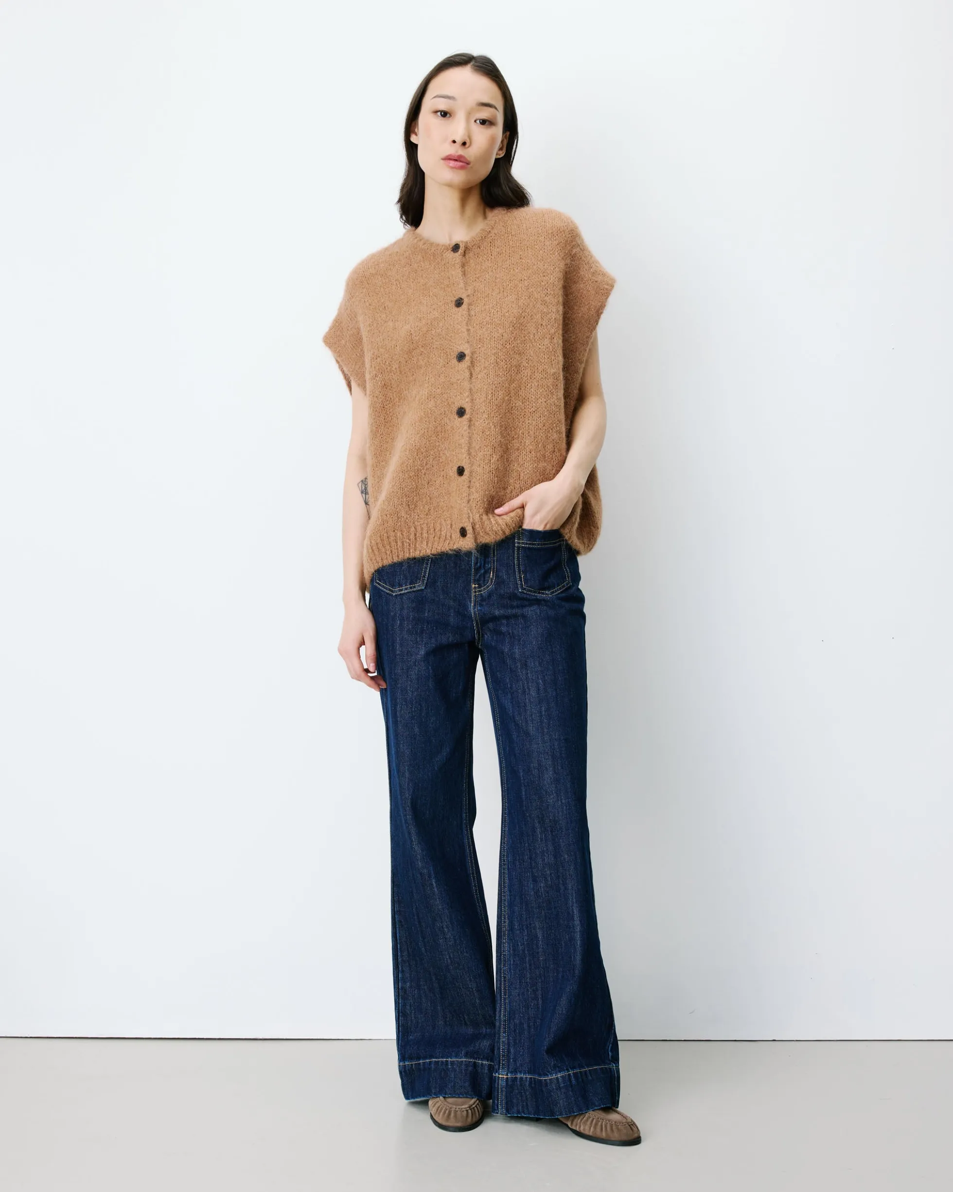 Cardigan loose sans manches col rond camel Addison