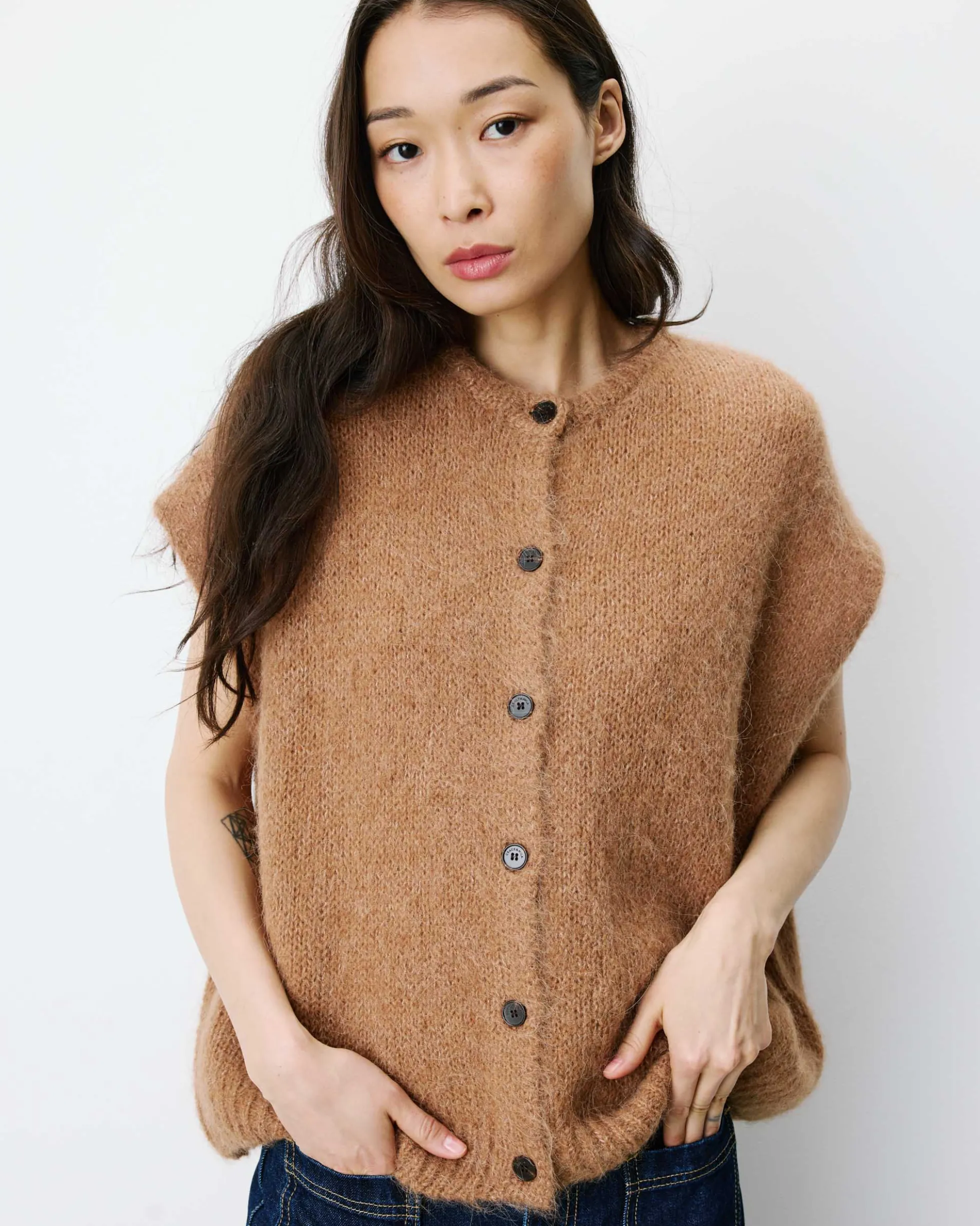 Cardigan loose sans manches col rond camel Addison