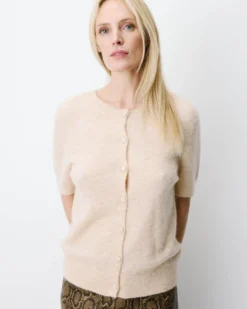 Cardigan manches courtes col rond beige Akarios
