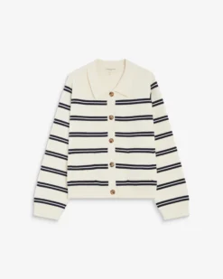 Cardigan rayé en maille col chemise ecru Ardenis
