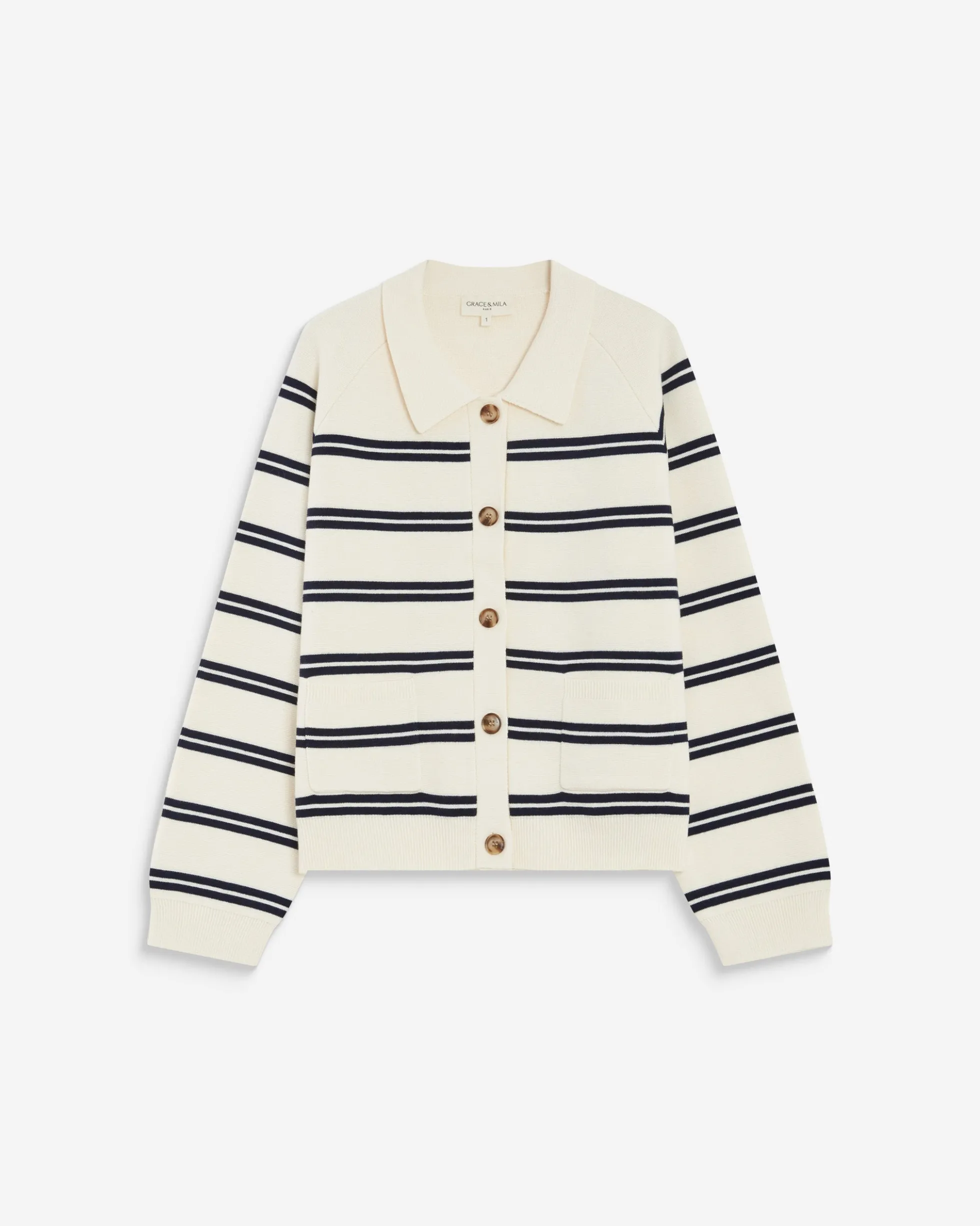 Cardigan rayé en maille col chemise ecru Ardenis
