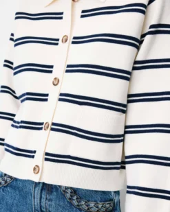 Cardigan rayé en maille col chemise ecru Ardenis