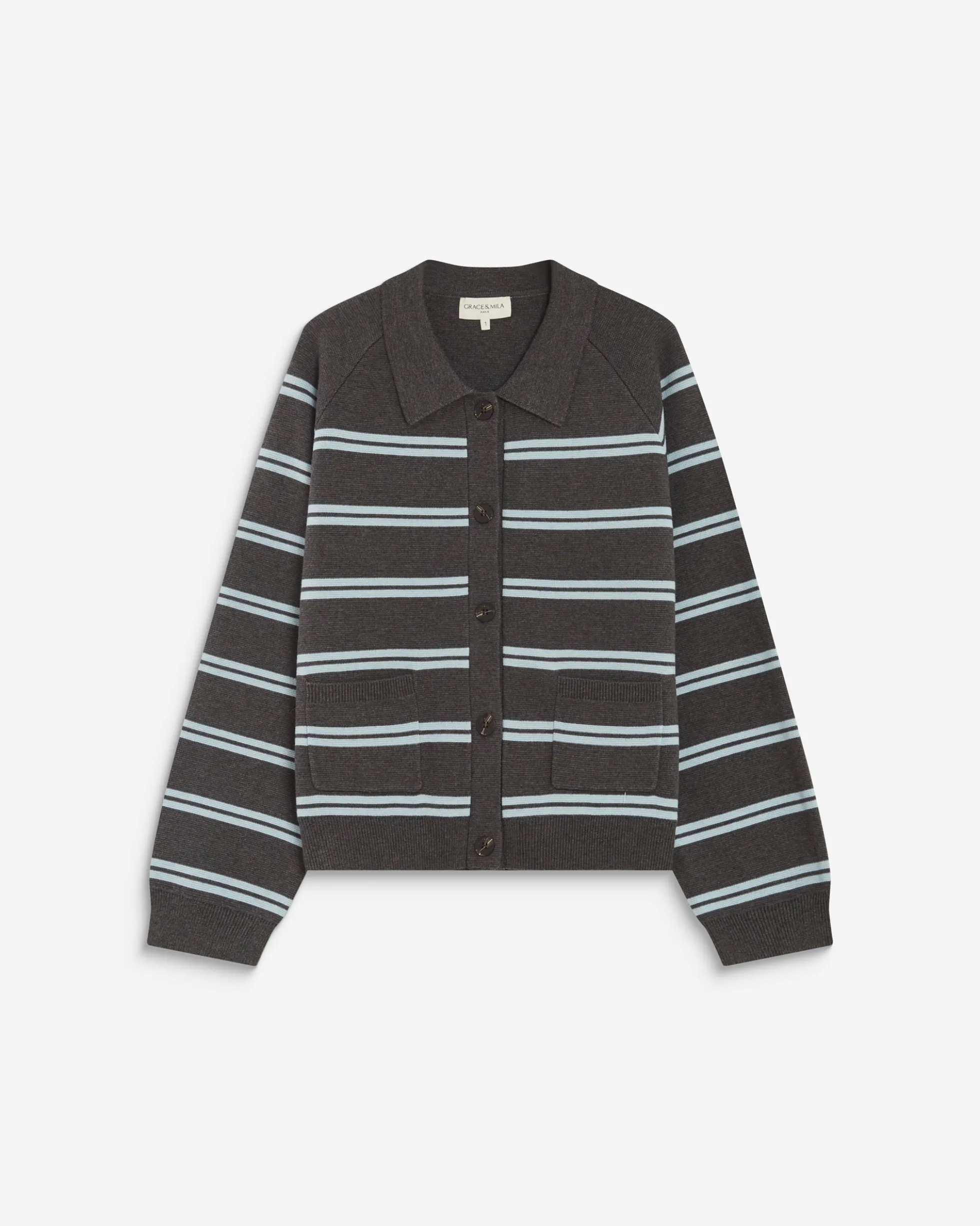Cardigan rayé en maille col chemise anthracite Ardenis