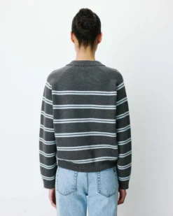 Cardigan rayé en maille col chemise anthracite Ardenis