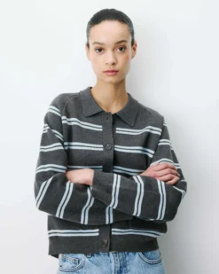 Cardigan rayé en maille col chemise anthracite Ardenis