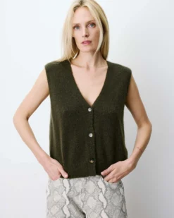 Cardigan sans manches boutonné col V kaki Nars