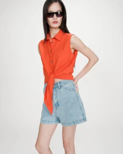Chemise cintrée en coton à nouer devant sanguine Vero