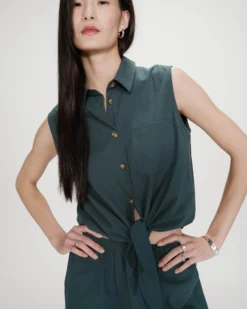 Chemise cintrée en coton à nouer devant emeraude Vero