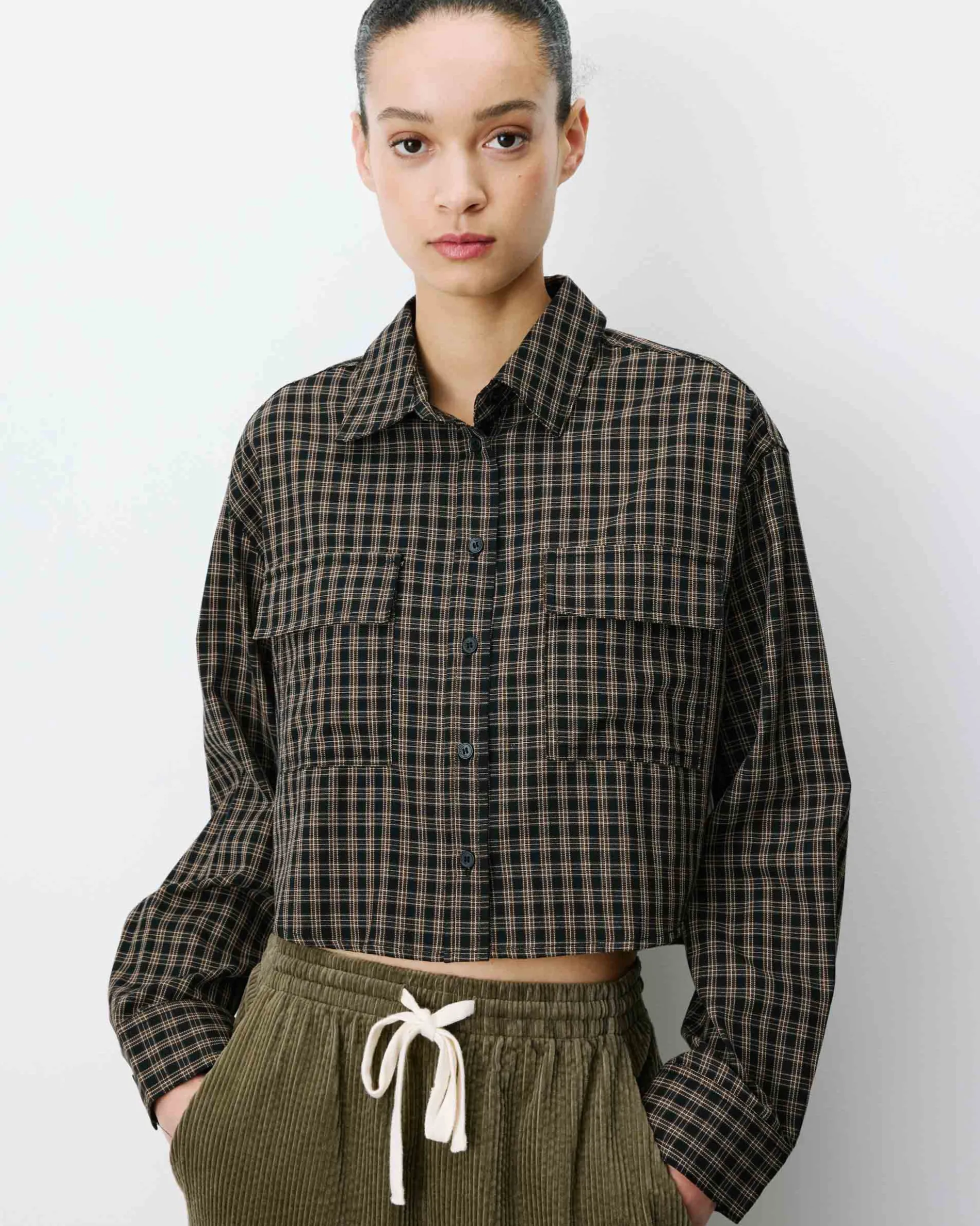 Chemise courte oversize en coton à carreaux noir Azelle