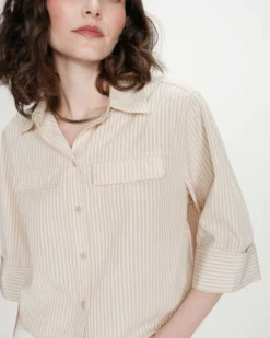 Chemise courte à rayures manches 3/4 sable Voice