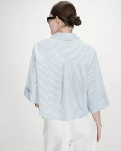 Chemise courte à rayures manches 3/4 ciel Voice