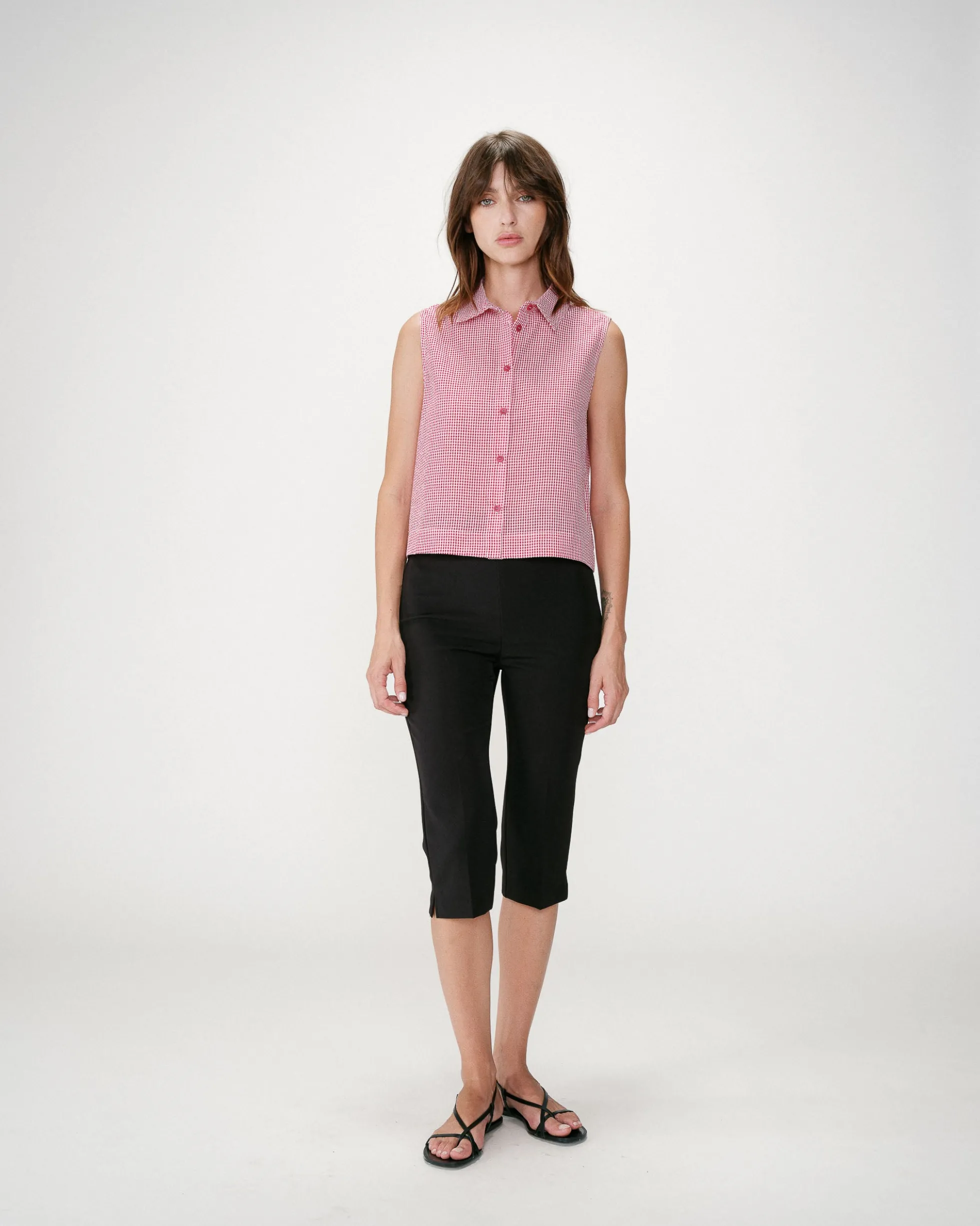 Chemise en coton vichy sans manches rouge Windell