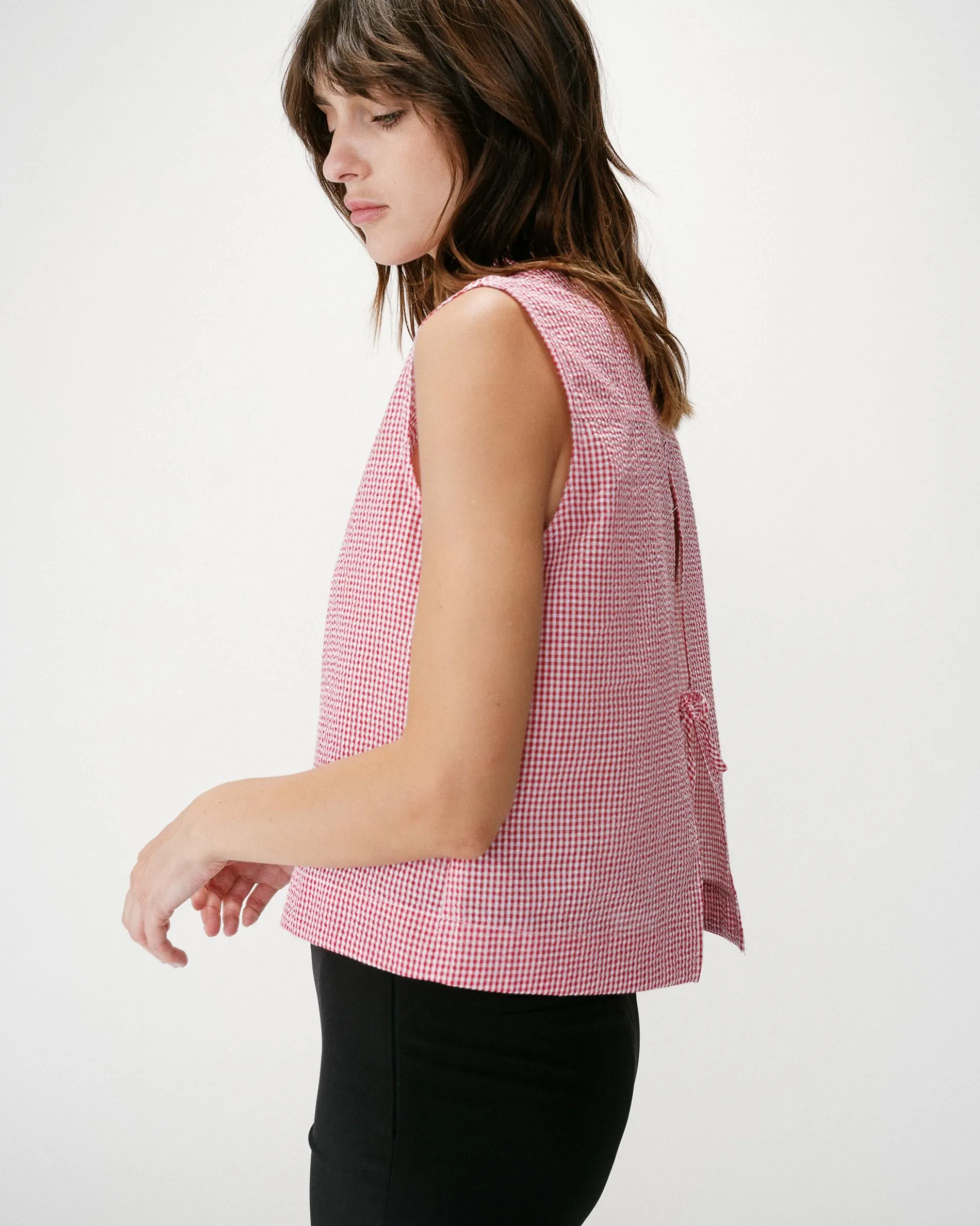 Chemise en coton vichy sans manches rouge Windell
