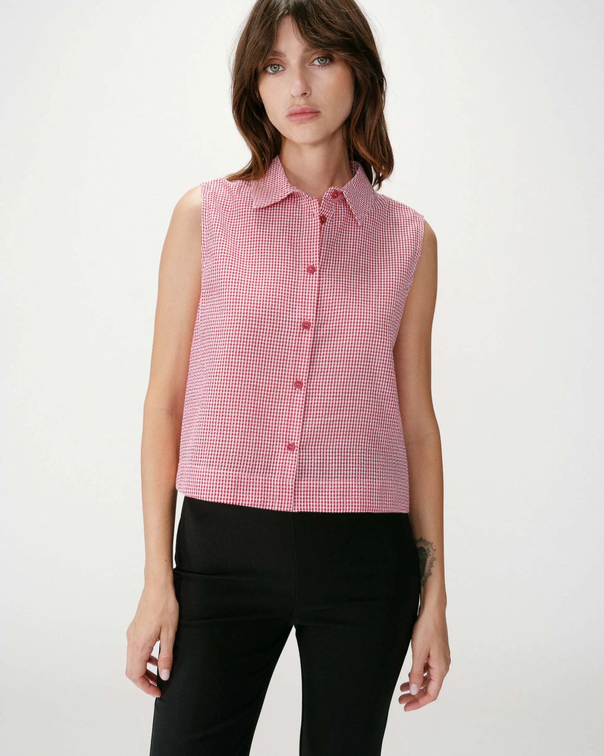Chemise en coton vichy sans manches rouge Windell