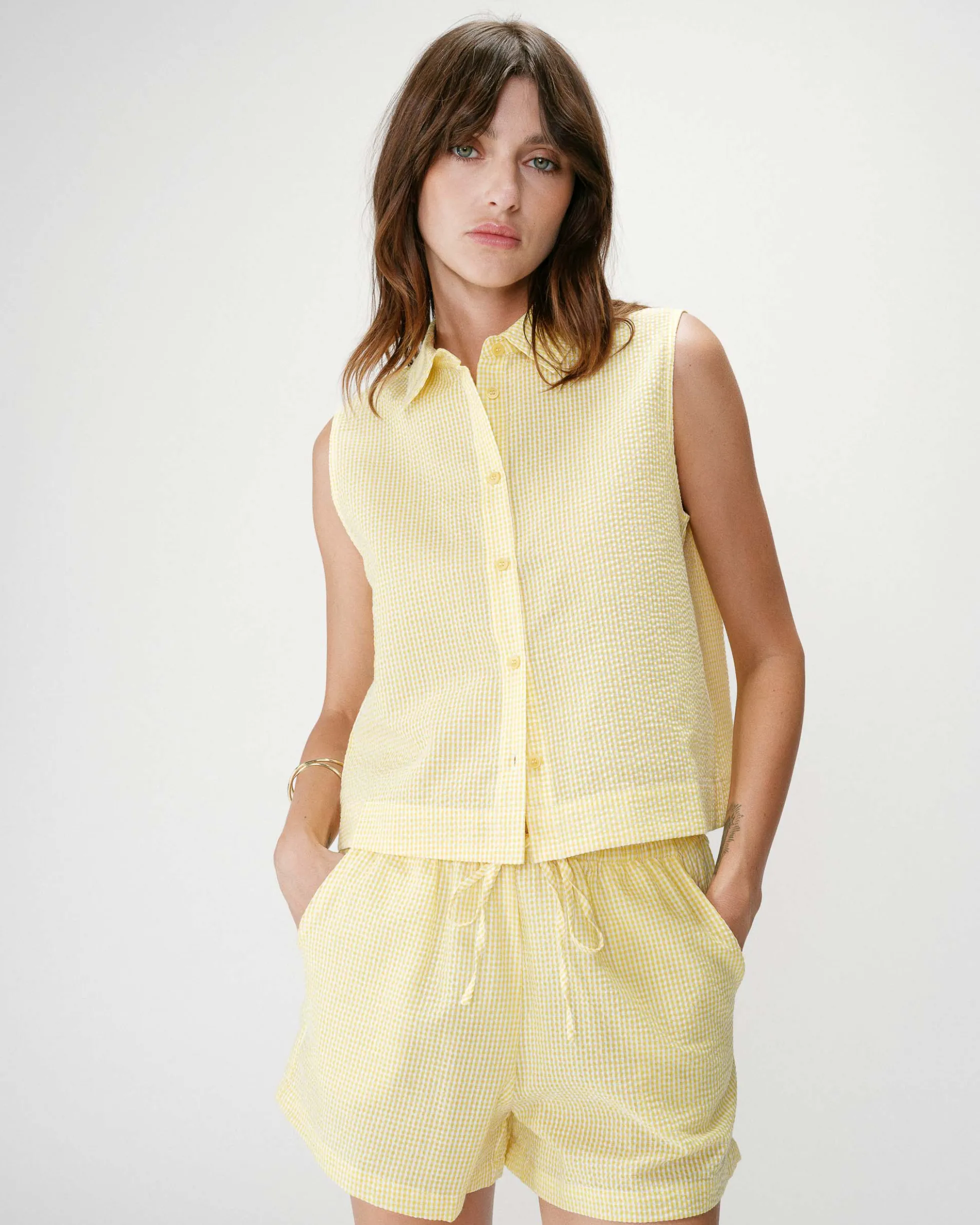 Chemise en coton vichy sans manches jaune Windell