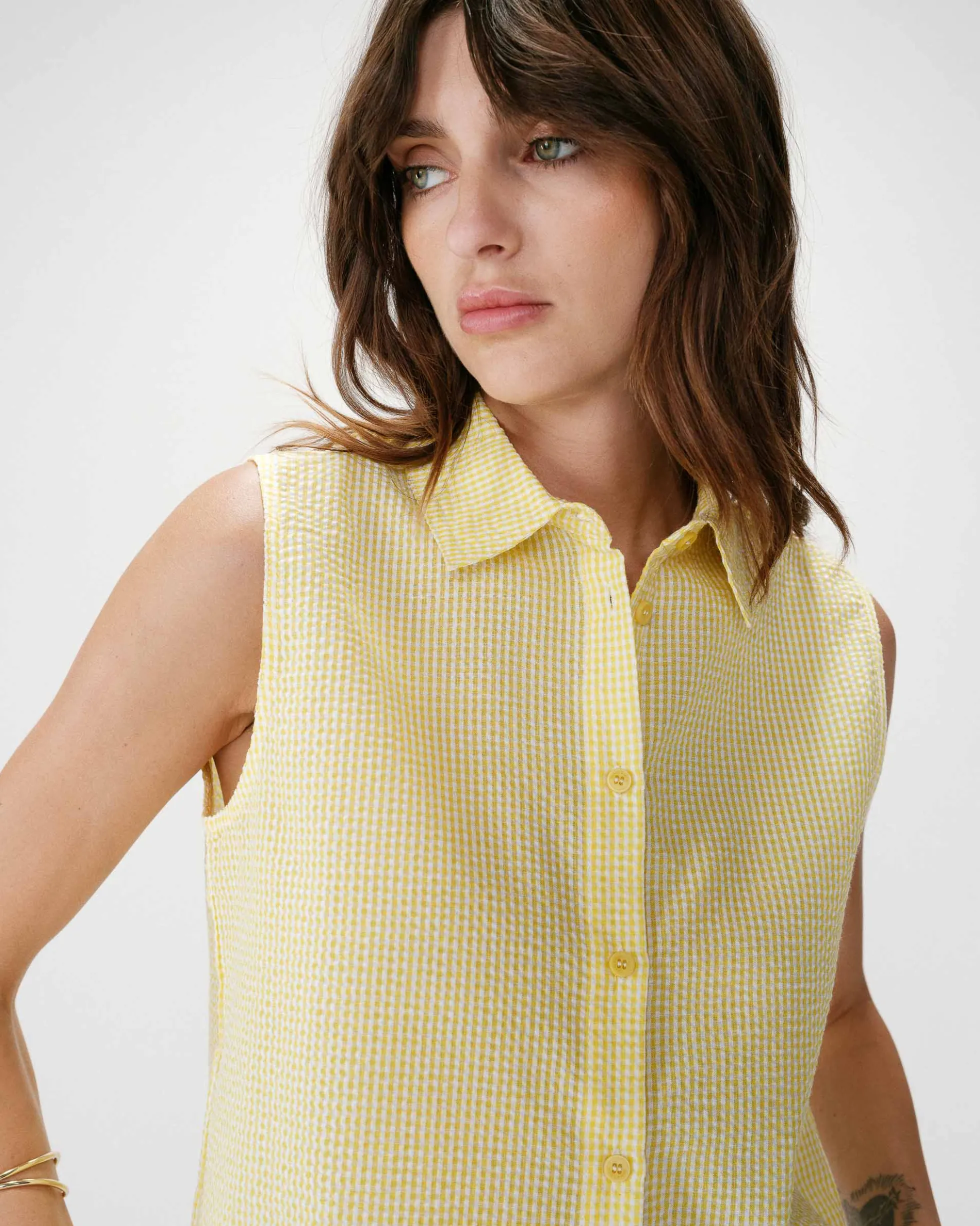 Chemise en coton vichy sans manches jaune Windell