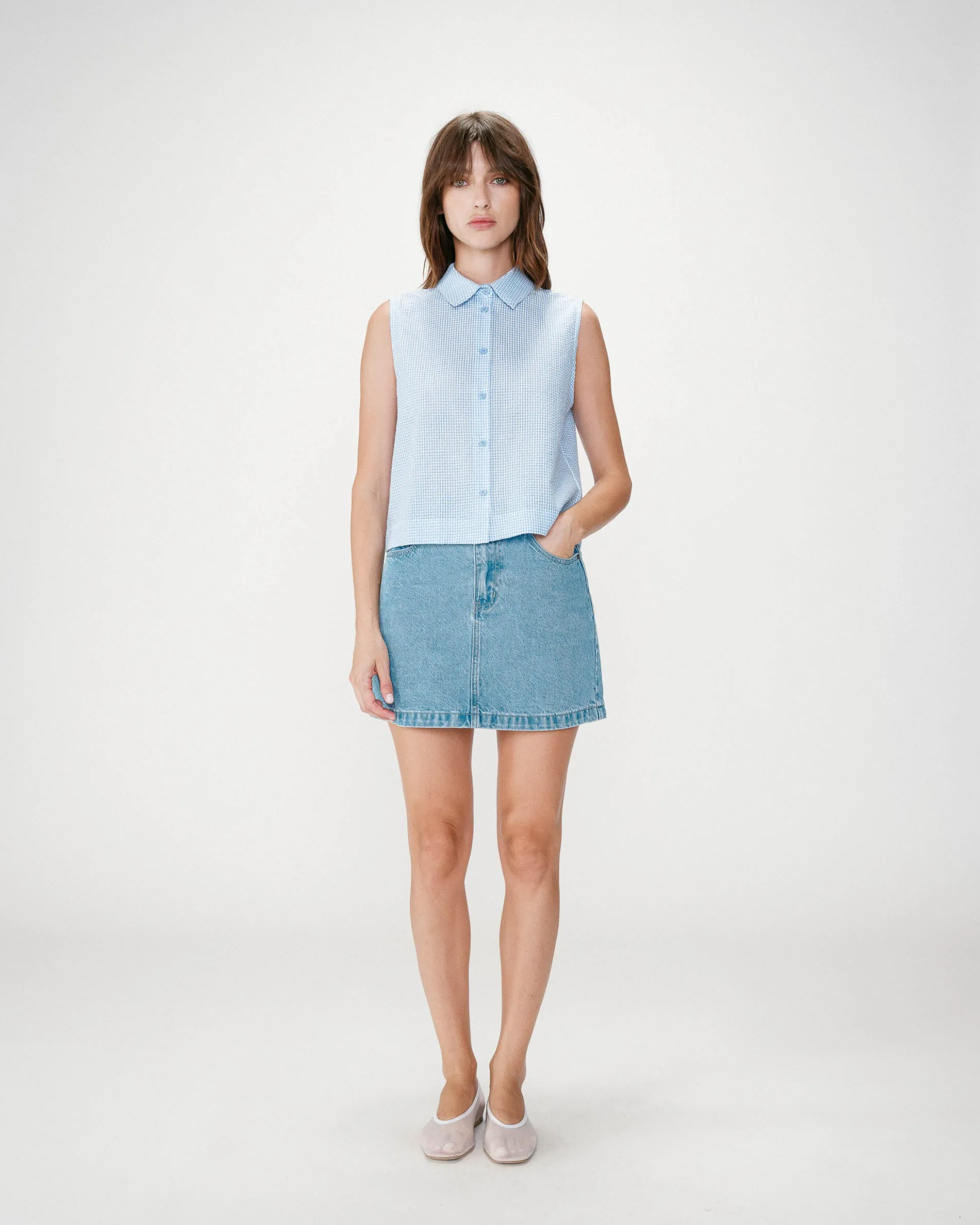 Chemise en coton vichy sans manches ciel Windell