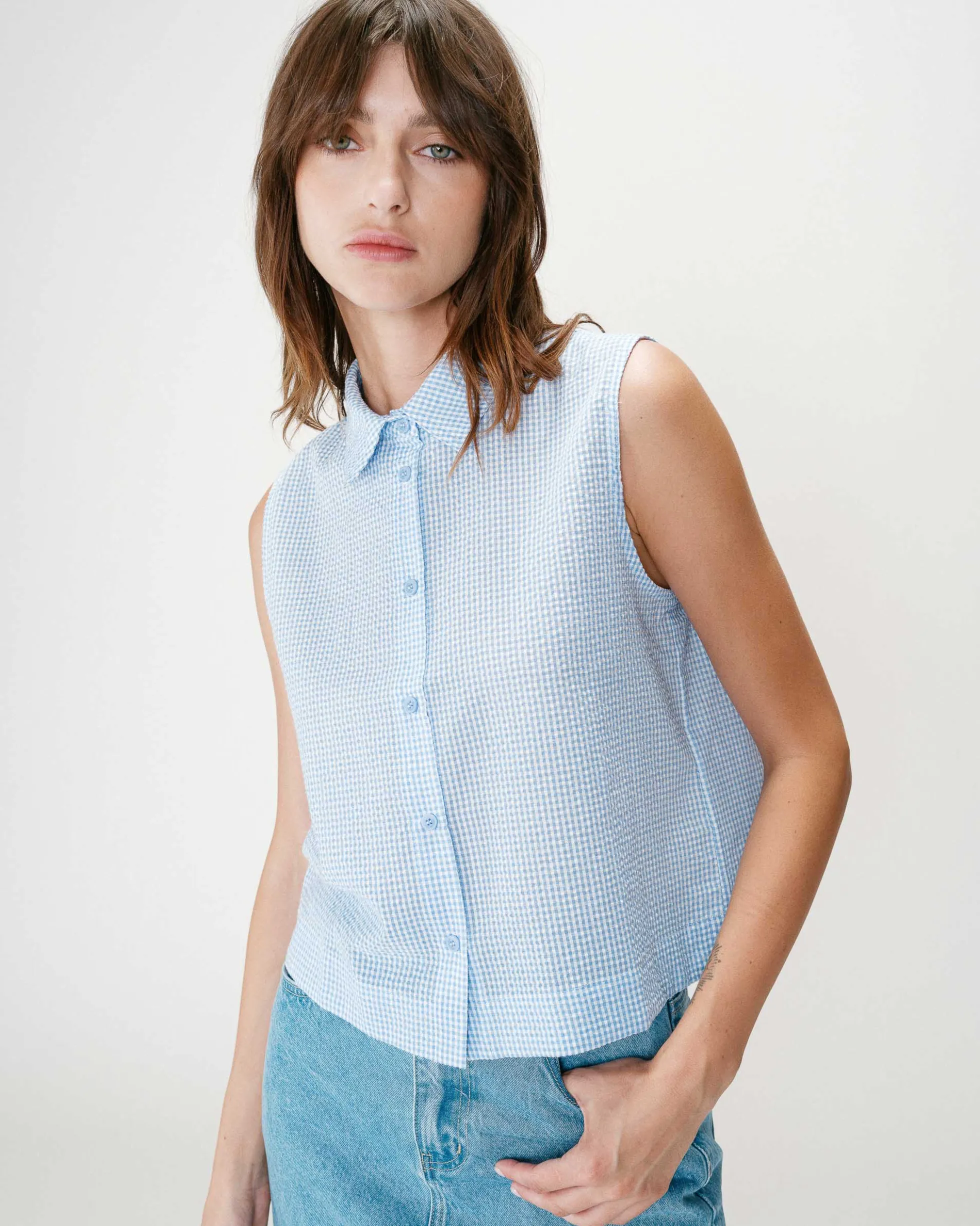 Chemise en coton vichy sans manches ciel Windell