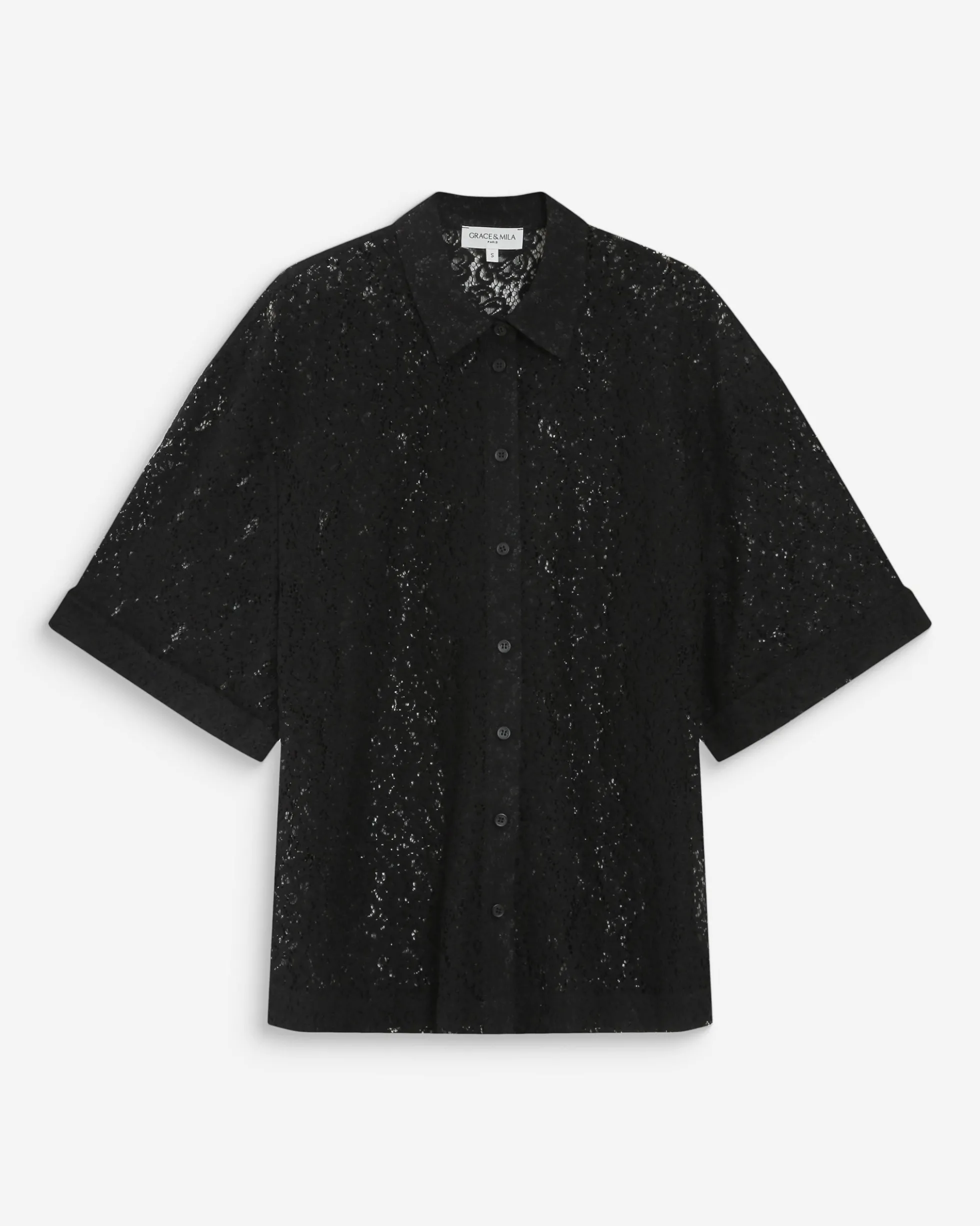 Chemise en dentelle transparente manches 3/4 noir Vendel