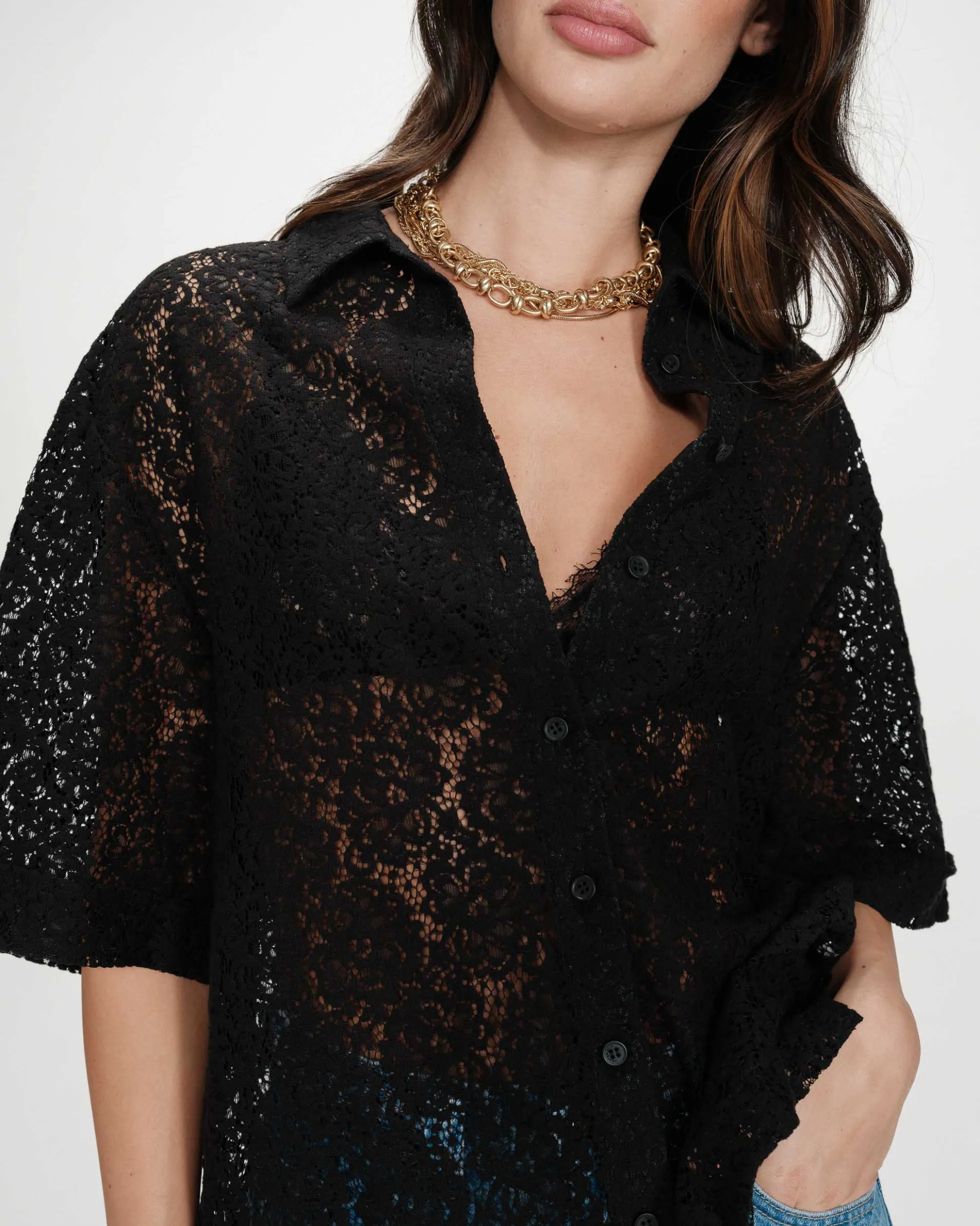 Chemise en dentelle transparente manches 3/4 noir Vendel
