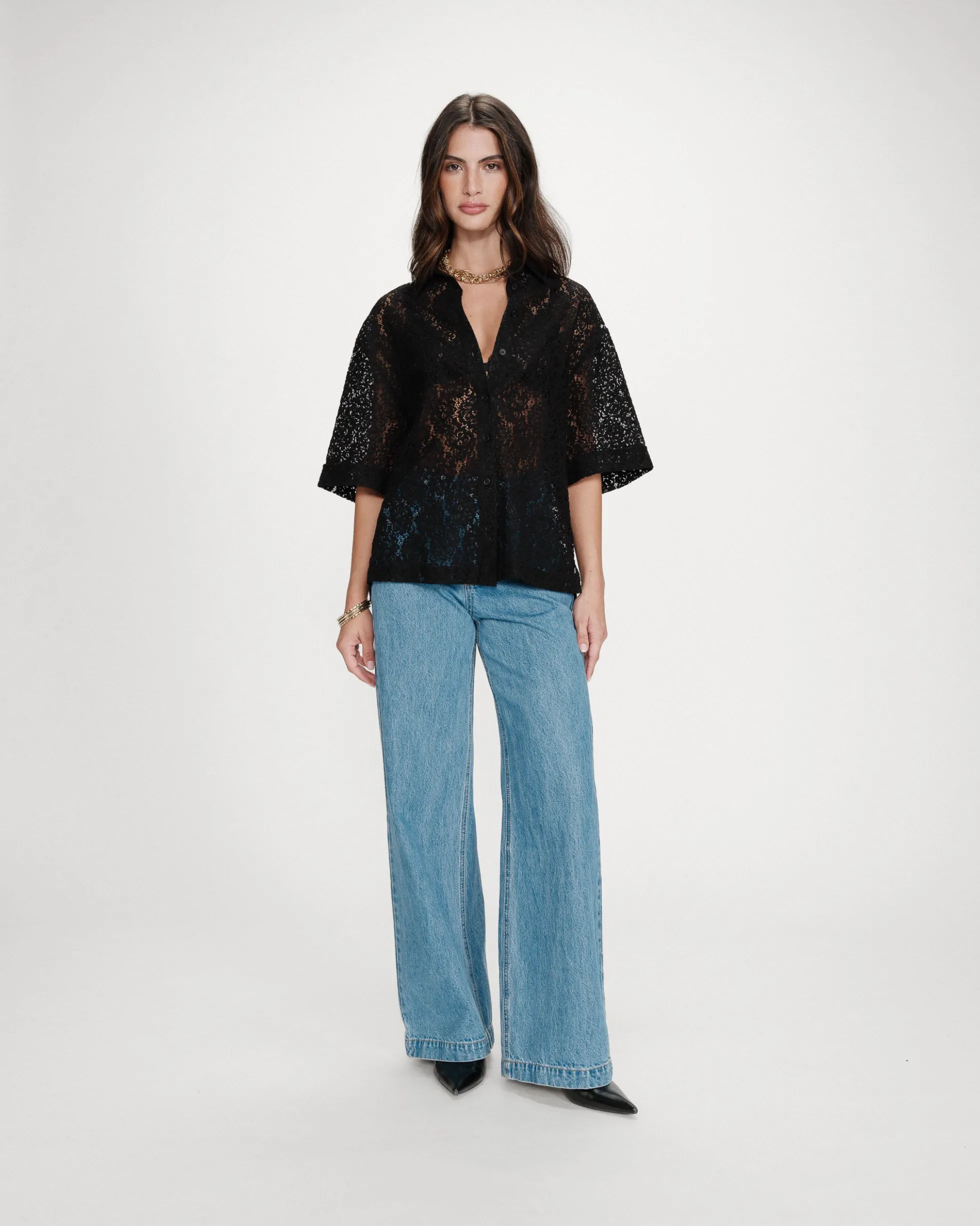 Chemise en dentelle transparente manches 3/4 noir Vendel