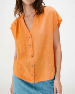 Chemise en gaze de coton manches courtes orange Wesra