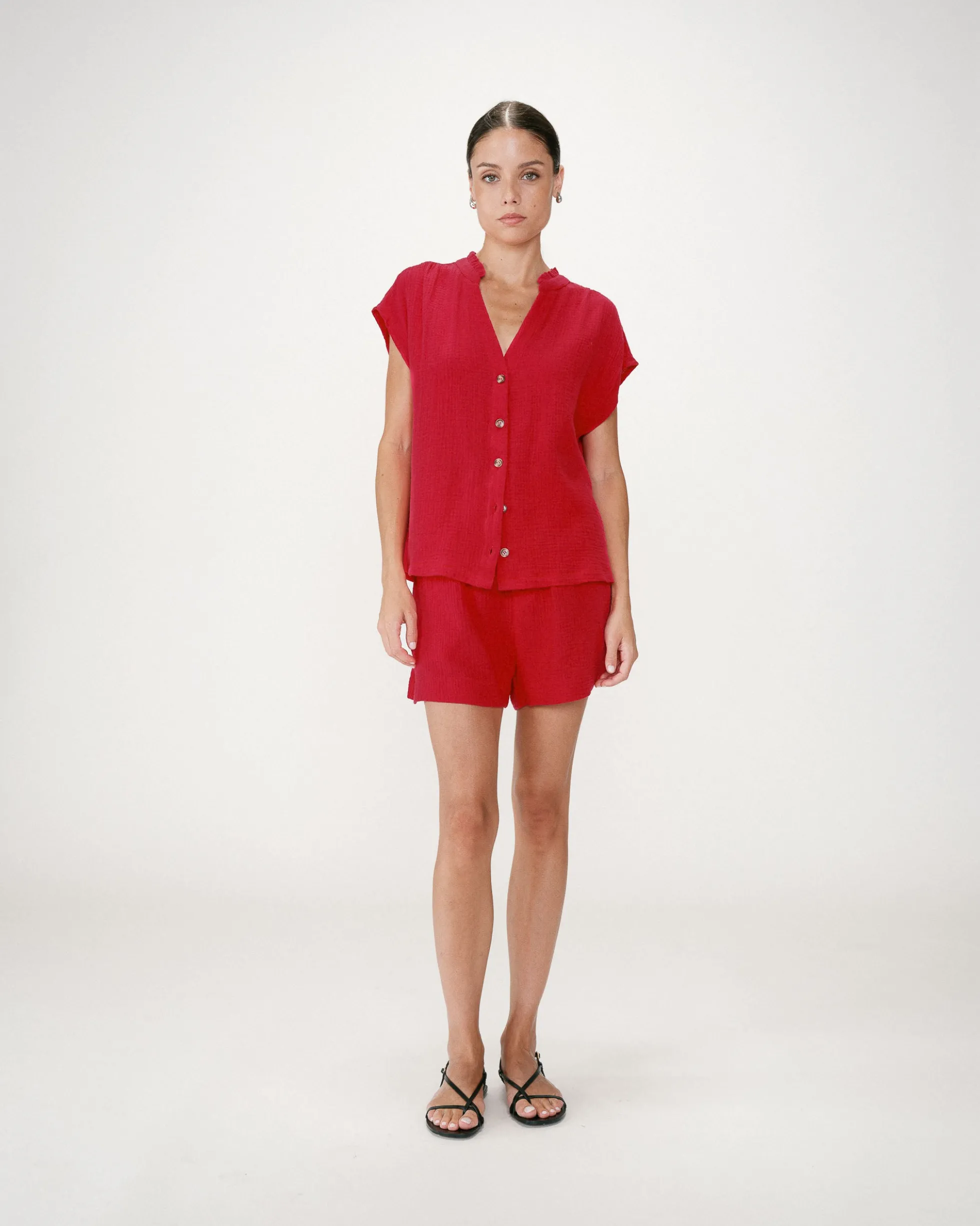 Chemise en gaze de coton manches courtes fuchsia Wesra