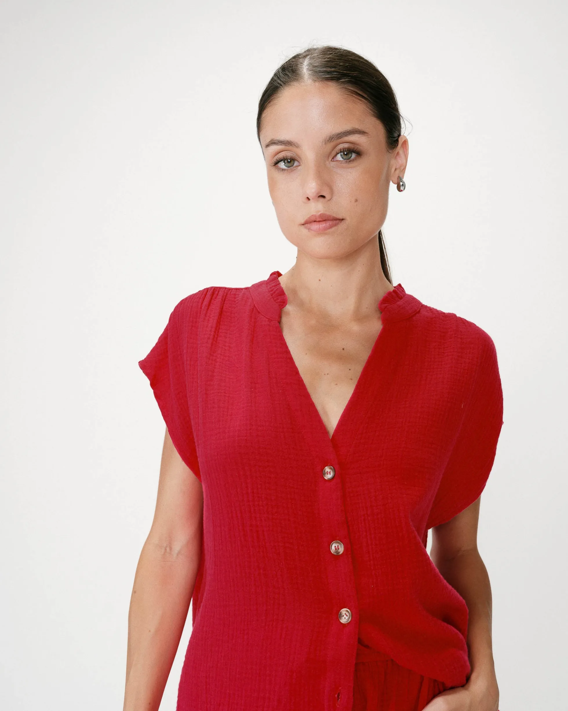 Chemise en gaze de coton manches courtes fuchsia Wesra
