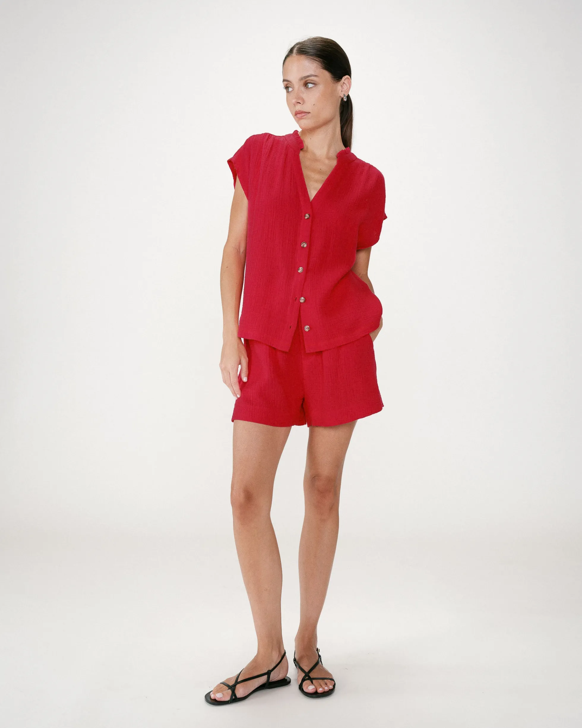 Chemise en gaze de coton manches courtes fuchsia Wesra