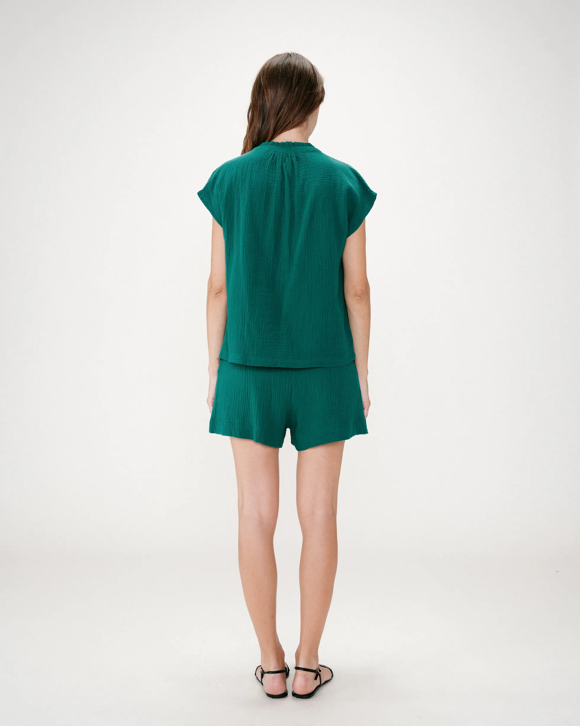Chemise en gaze de coton manches courtes emeraude Wesra