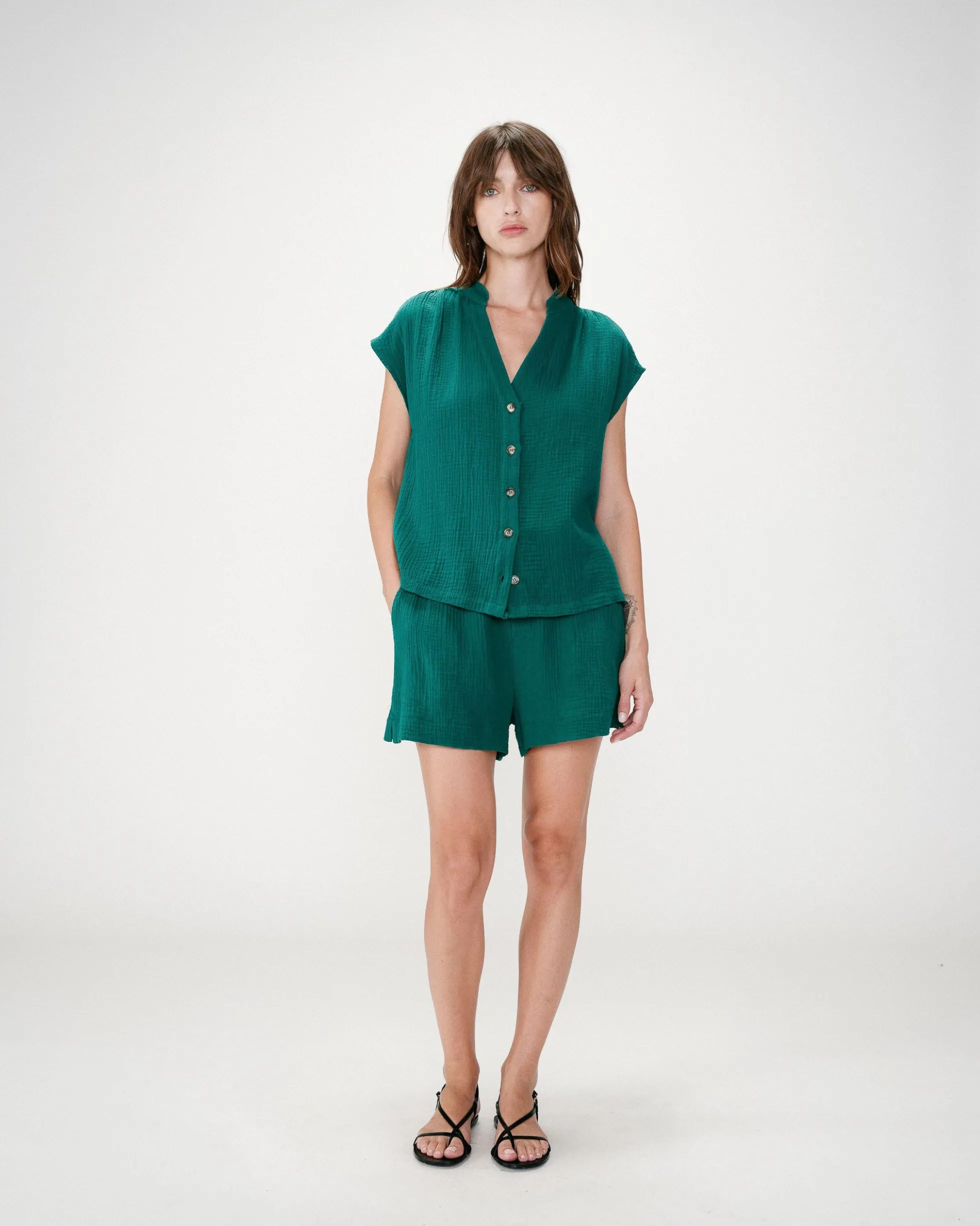 Chemise en gaze de coton manches courtes emeraude Wesra
