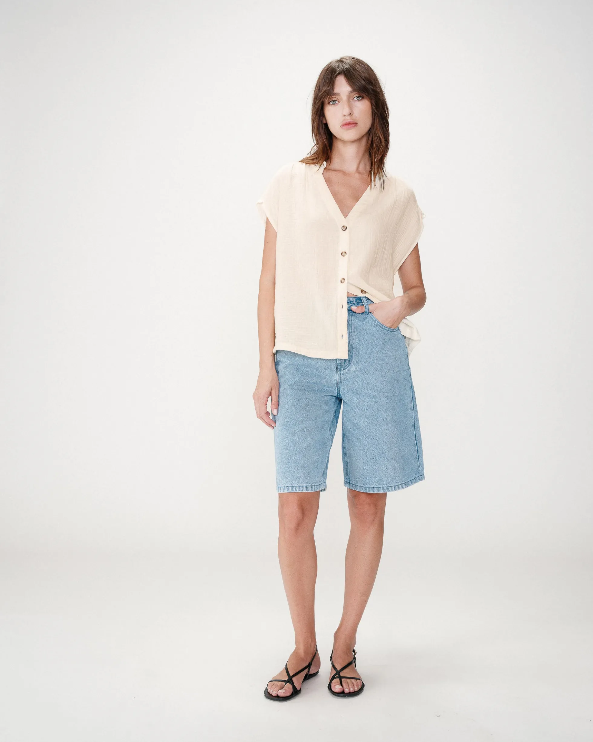 Chemise en gaze de coton manches courtes ecru Wesra