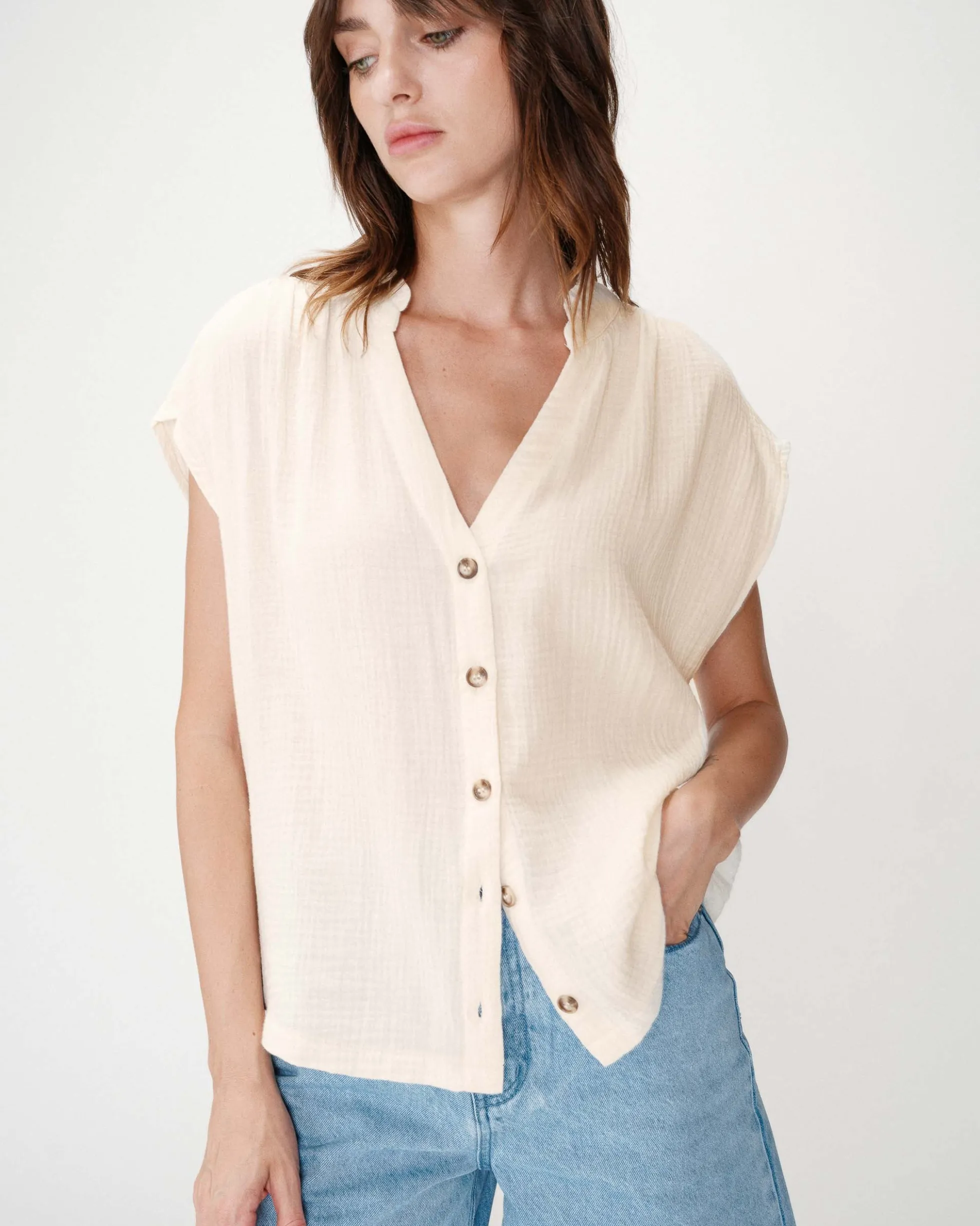 Chemise en gaze de coton manches courtes ecru Wesra