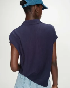 Chemise en lin fluide manches courtes marine Perez