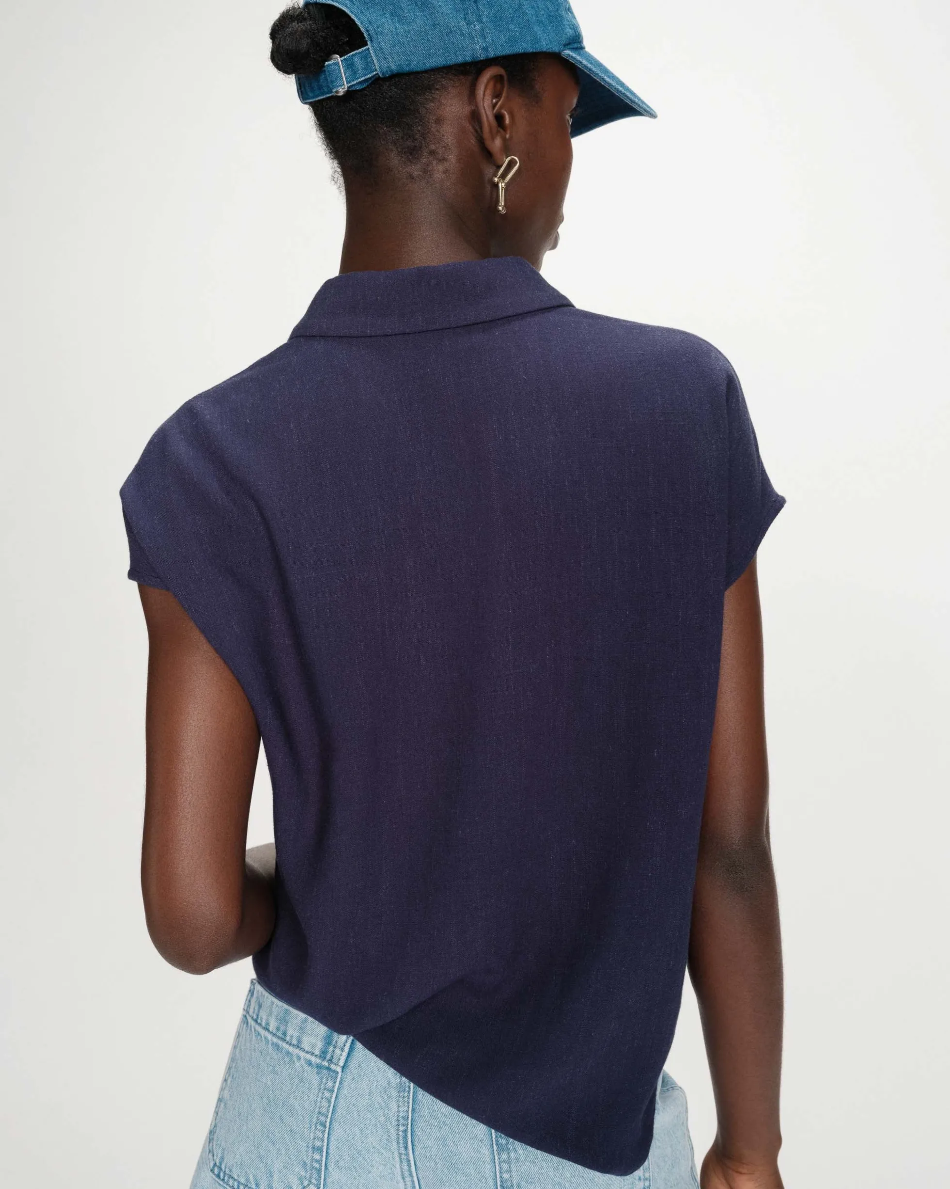 Chemise en lin fluide manches courtes marine Perez