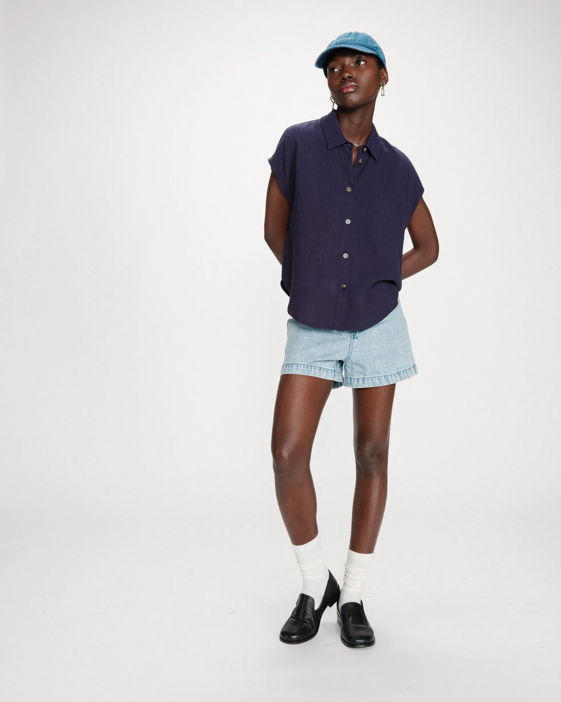 Chemise en lin fluide manches courtes marine Perez