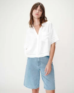 Chemise large manches courtes détails dentelle white Winka