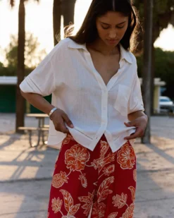 Chemise large manches courtes détails dentelle white Winka