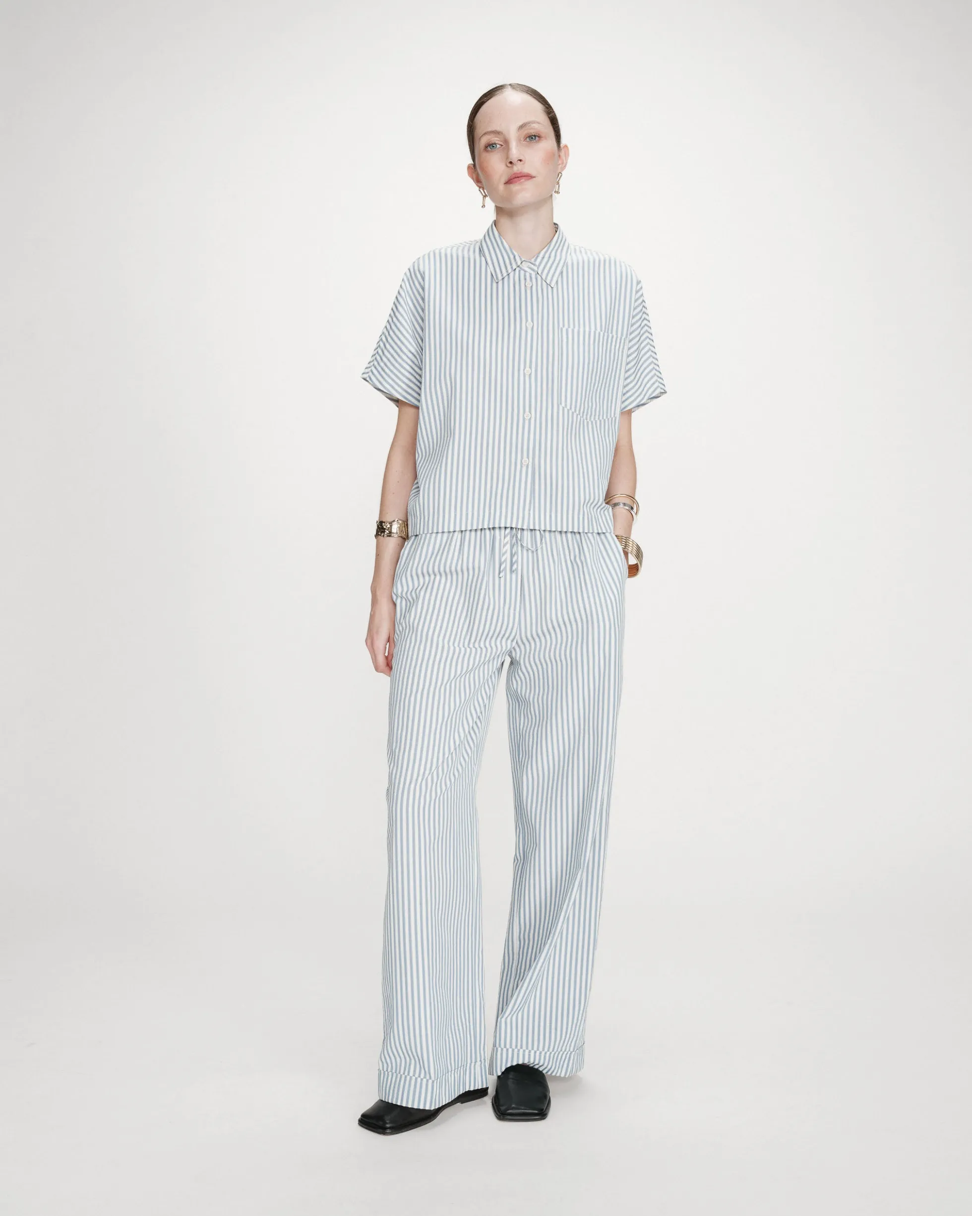 Chemise large à rayures manches courtes bleuet Vercia
