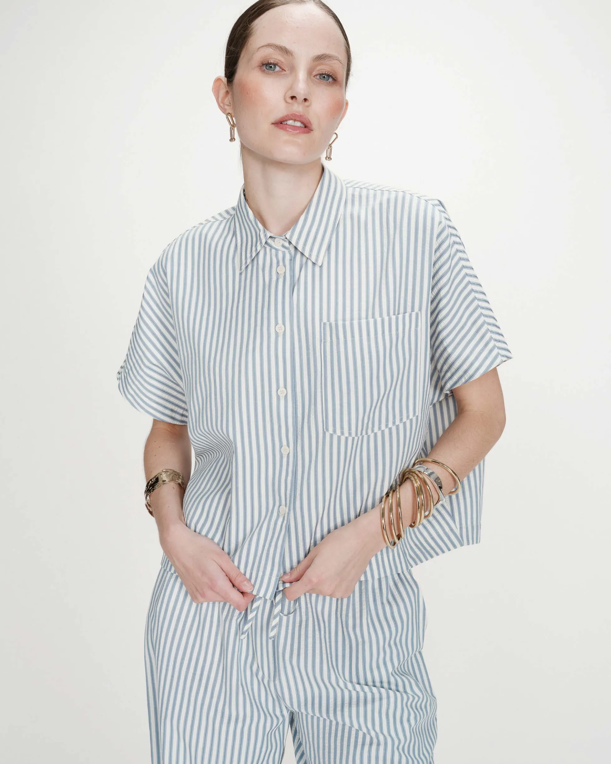Chemise large à rayures manches courtes bleuet Vercia