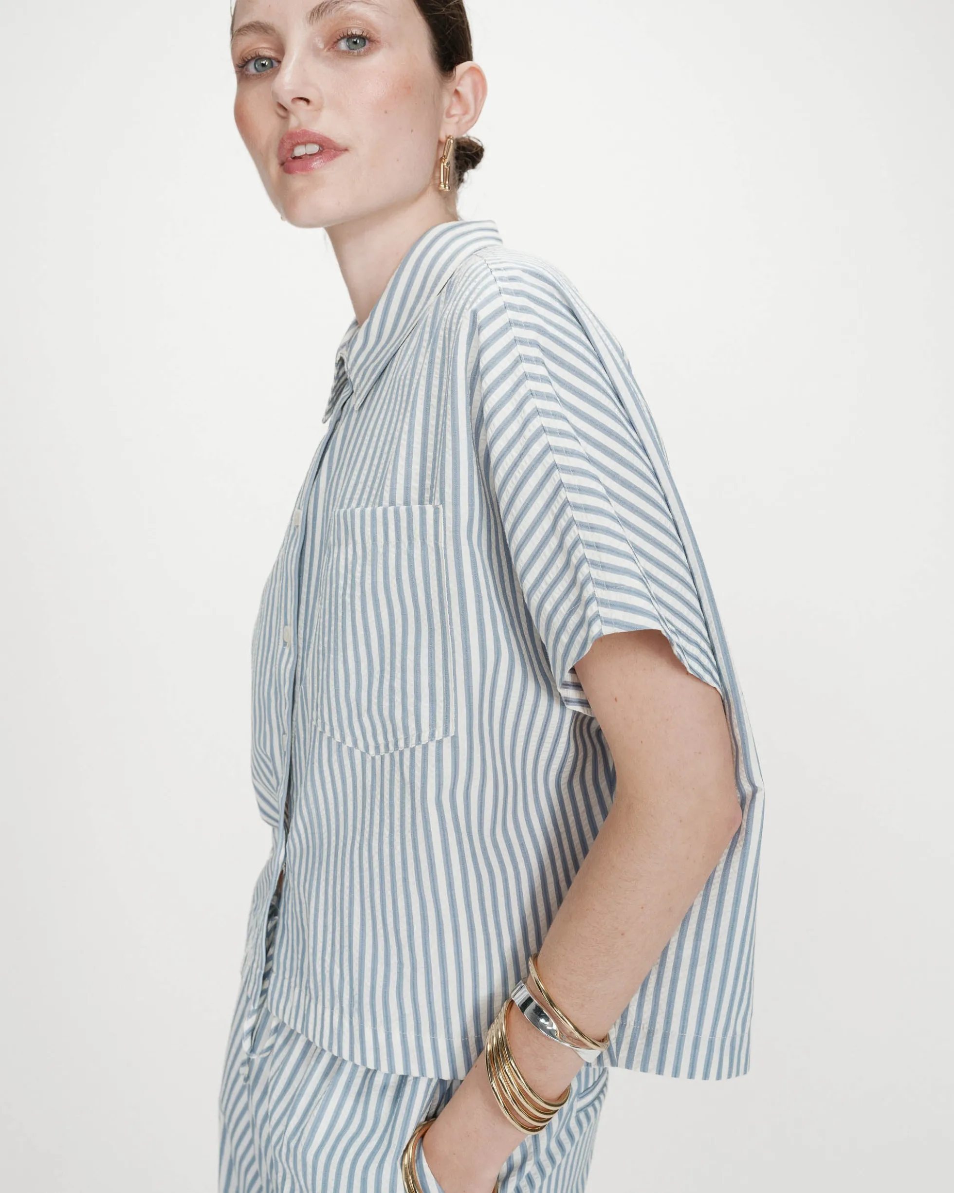 Chemise large à rayures manches courtes bleuet Vercia
